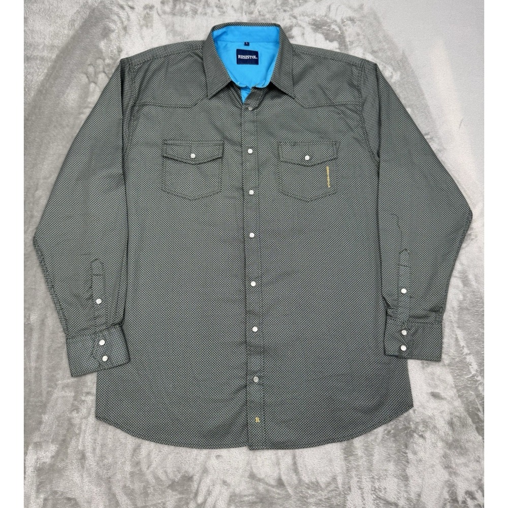 Resistol Green Pearl Snap Western Shirt Mens Large L Blue Cowboy Rodeo Work Farm